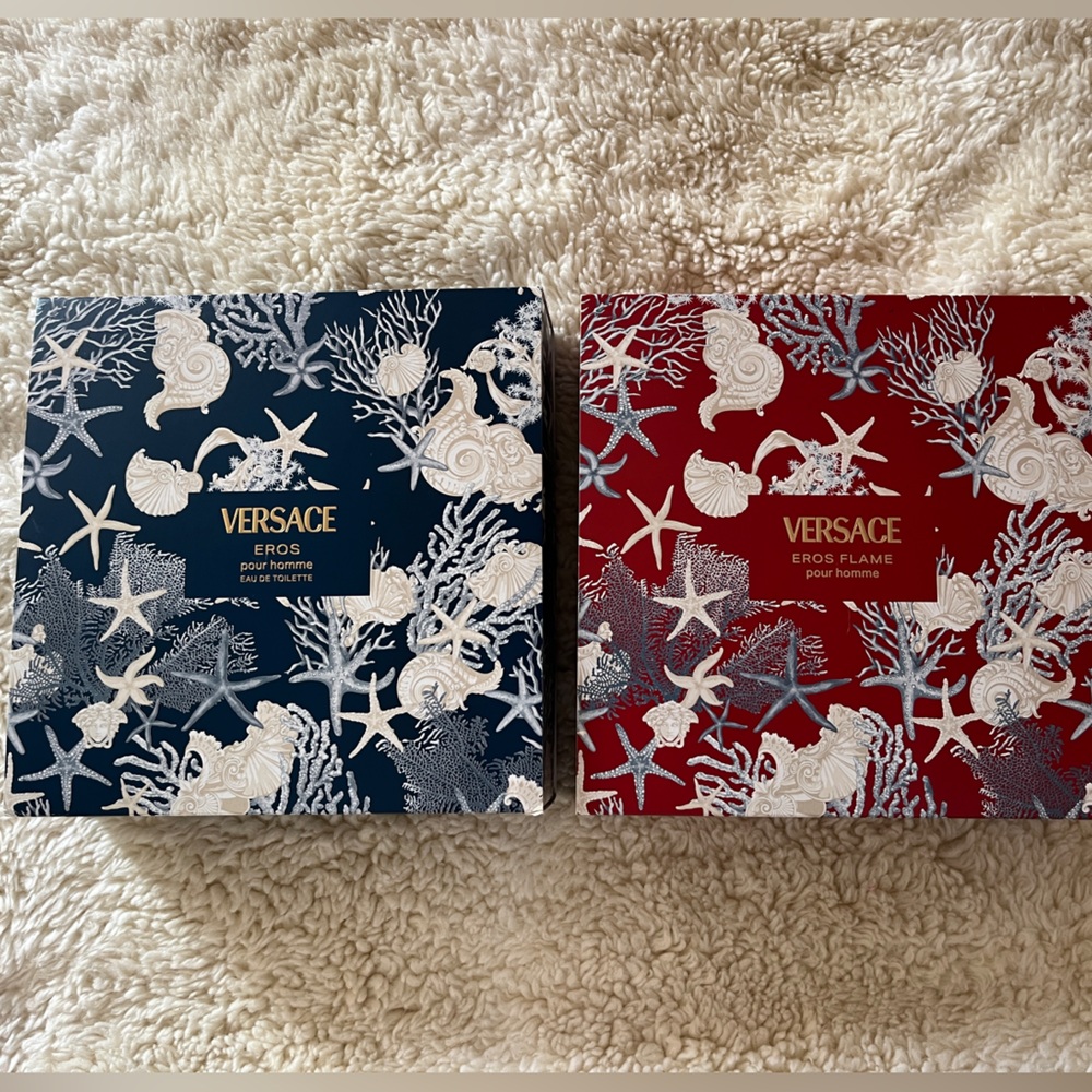 Versace Eros Pour Femme Blue and Red Gift Boxes, empty